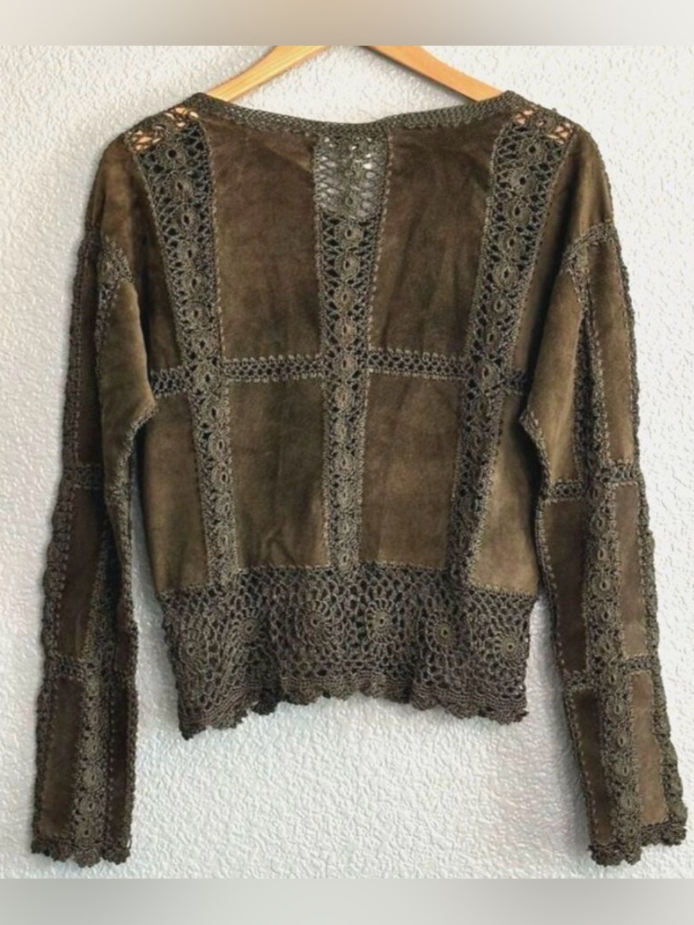 VINTAGE Green Suede Crochet Button front Cardigan Sweater Crew neck Longsleeve - Picture 6 of 13